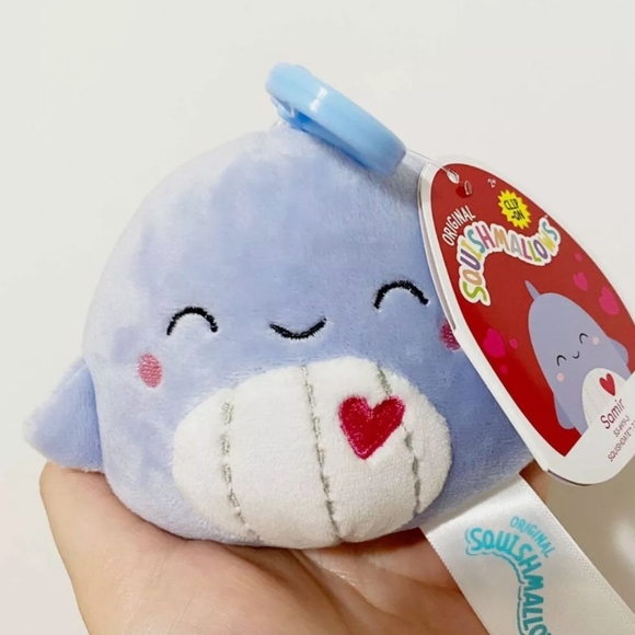 3.5" Squishmallow clip Samir blue Whale Heart Valentine's Day KellyToy Plush - Picture 3 of 4